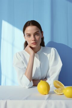 Beautiful Female Fashion Model Wearing Classy White Shirt On Light Blue Background, Sitting  At A Table With Fresh Lemons On It. 