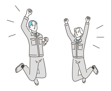 Vector illustration of happy male and female workers jumping and raising fists