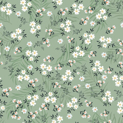 Fototapeta na wymiar seamless vector small flower with lives design pattern on green background