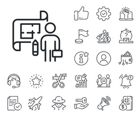 Fototapeta premium Architect project sign. Salaryman, gender equality and alert bell outline icons. Plan line icon. Architecture design symbol. Plan line sign. Spy or profile placeholder icon. Vector