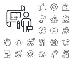 Architect project sign. Salaryman, gender equality and alert bell outline icons. Plan line icon. Architecture design symbol. Plan line sign. Spy or profile placeholder icon. Vector