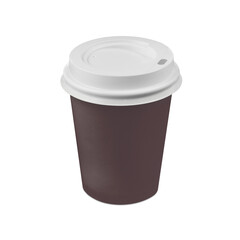 Disposable brown paper cup for hot drinks, covered with a white plastic lid, isolated on a transparent background. PNG.