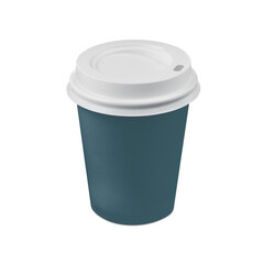 Disposable dark blue paper cup for hot drinks, covered with a white plastic lid, isolated on a transparent background. PNG.