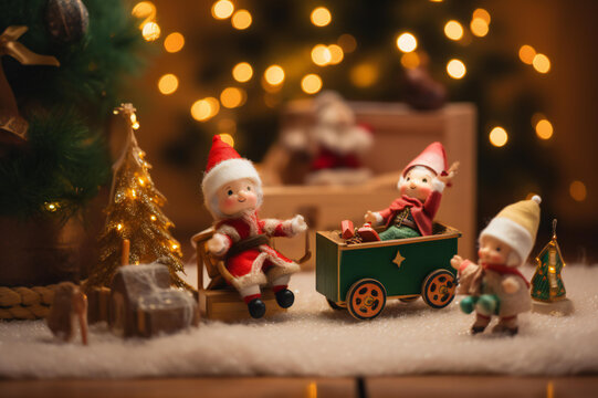 Merry Christmas. Cute Christmas elves putting gifts on Santa's sled. Decorated with a snowman and Christmas gift boxes in front of a decorated fireplace. with bokeh lights