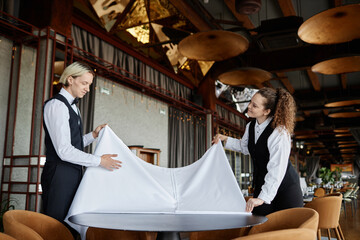 Obraz na płótnie Canvas Side view portrait of two elegant servers covering tables with white tablecloth while preparing luxury restaurant for opening, copy space