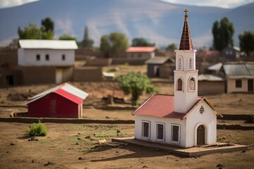 miniature church, temple, or mosque near a larger one, shot from outside