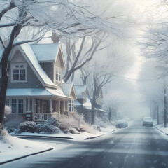 Generative AI Snow covered street in the suburbs in winter - obrazy, fototapety, plakaty
