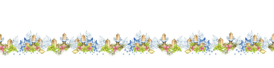 Seamless border, tape, long colorful Christmas garland with fir branches, holly, red poinsettia flowers, candles. Watercolor Christmas illustration, ribbon, banner.