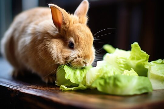 a rabbit nibbling on a piece a lettuce