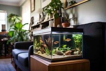 close-up of a well-maintained aquarium in a shared living room