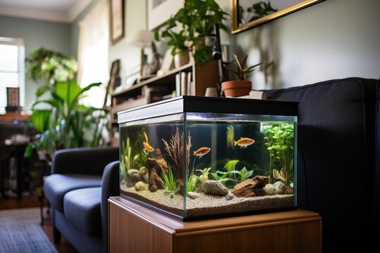 Close-up Of A Well-maintained Aquarium In A Shared Living Room