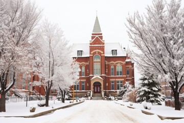 Fototapeta na wymiar tall brick courthouse covered in winter snow
