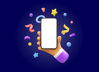 Vector 3d cartoon hand holding phone with confetti. Web banner or mockup. Smartphone illustration on dark background