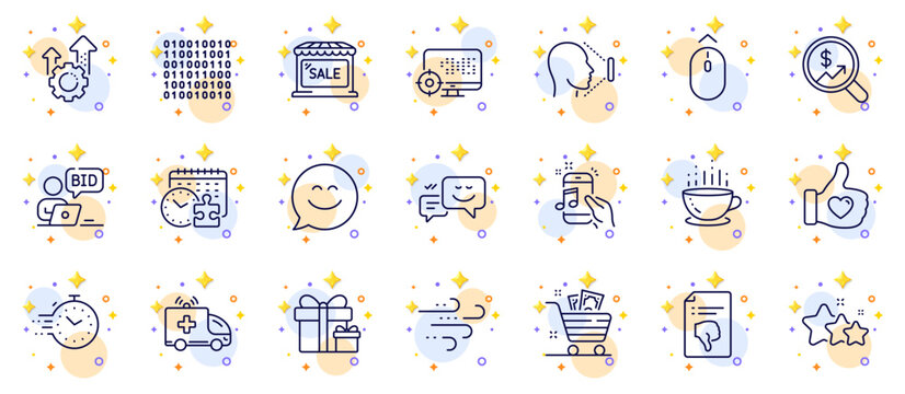 Outline set of Smile chat, Online auction and Market sale line icons for web app. Include Seo, Coffee cup, Grocery basket pictogram icons. Happy emotion, Music phone, Binary code signs. Vector