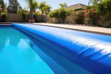 rolled up solar pool cover on the poolside