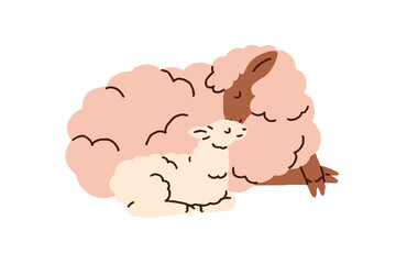 Cute sheep mom and lamb baby lying together. Farm animals family, adorable sweet mother and little cub child. Mommy and kid love and care. Flat vector illustration isolated on white background