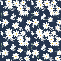 seamless vector flowers with leaves pattern on navy  background 