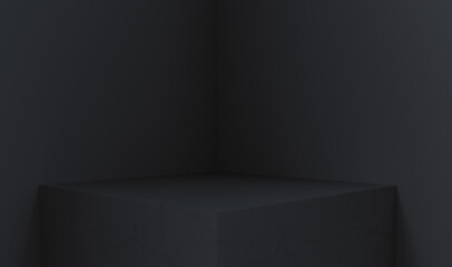 3D rendering of empty space for product display. square pedestal, dark background