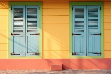 closed wooden shutters on a brightly painted house