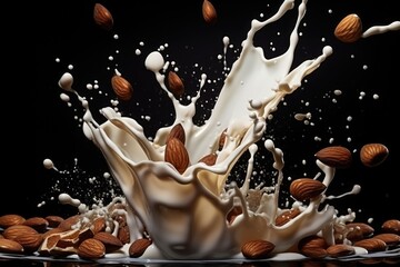 Naklejka premium Splash of almond milk on black background