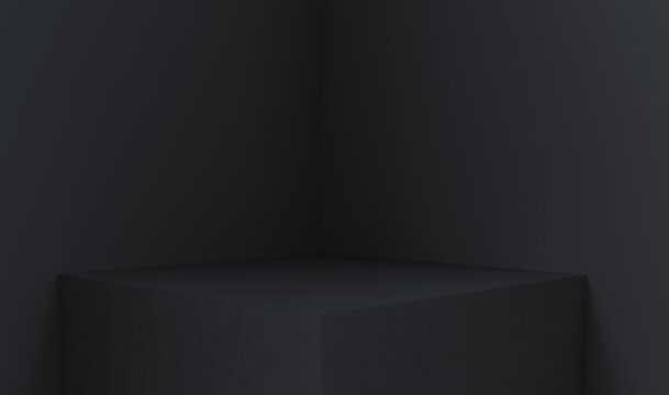 3D rendering of empty space for product display. square pedestal, dark background