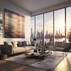 A breathtaking view of dubai's towering skyline pours in through the massive window, illuminating the sleek furniture and vibrant wall art in this stylish living room oasis