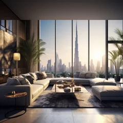 Foto op Canvas Gazing out of the expansive windows, the bustling city of dubai sprawled before them as they sank into the plush loveseat, surrounded by modern furniture and lush indoor plants, the floor-to-ceiling  © mockupzord
