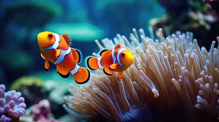 Amphiprion ocellaris clownfish and anemone in sea. - obrazy, fototapety, plakaty