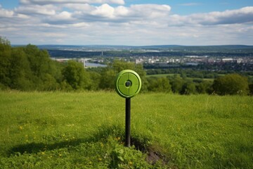 survey marker on the top of a hill in a public park - obrazy, fototapety, plakaty