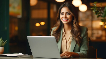 Inspiring Leadership: Young, Smiling Indian Female Empowering Success in the Office. CEO ,Secretary, Office Worker , Clerk and More. - obrazy, fototapety, plakaty