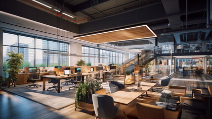 Fototapeta na wymiar Vibrant Hub of Creativity: Bustling Office Space with Open-Concept Layouts Fostering Collaboration and Innovation