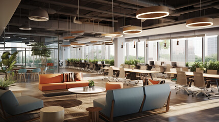 Vibrant Hub of Creativity: Bustling Office Space with Open-Concept Layouts Fostering Collaboration and Innovation