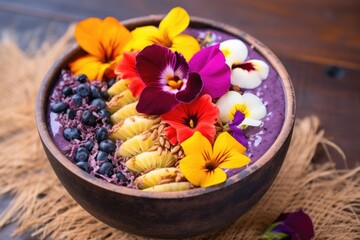 Obraz na płótnie Canvas acai bowl decorated with edible flowers for garnish