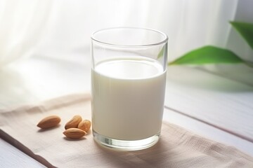 creamy almond milk in a transparent glass with sunlight reflecting on it