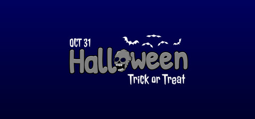 Halloween party illustration with skull head, bat on dark blue background