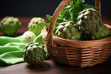 Obraz premium artichokes in a rustic wicker basket on a table