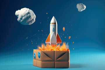 Obraz premium Rocket taking off from cardboard box on blue background, 3D illustration
