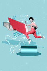 Vertical creative composite photo collage of intelligent diligent student run on classes in...