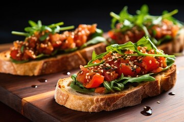 a close-up of multi-grain bruschetta with arugula and olive oil