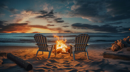 bon fire and sunset on the beach - obrazy, fototapety, plakaty