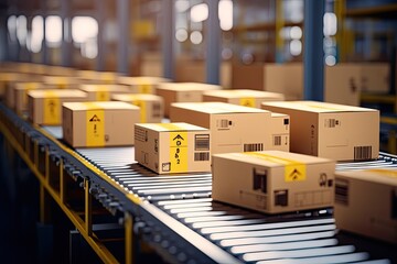Multiple cardboard box packages seamlessly moving along belt in a warehouse center, Logistics, commerce, delivery.