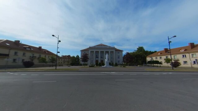 The Palace of Culture in Naujoji Akmene, Lithuania. Slow Motion Tracking Footage