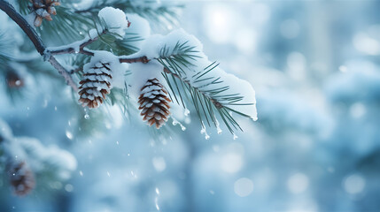 Pine Branch with Snow and Cones: Snowfall Scenery