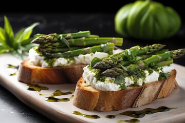asparagus tips and cream cheese on bruschetta