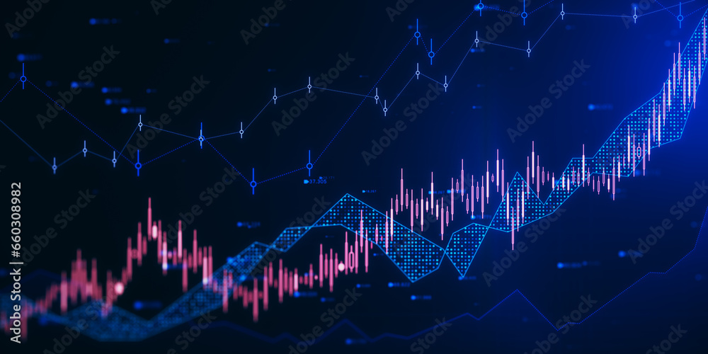 Poster Glowing candlestick forex chart and index hologram on blurry background. Trade and stats concept. 3D Rendering.