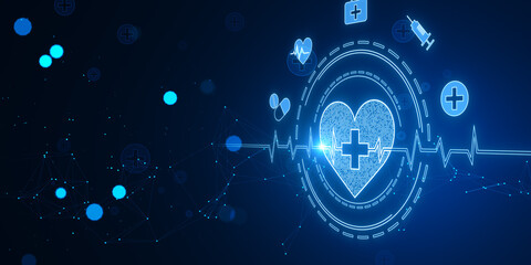 Creative glowing bright medical heart interface on blurry blue wallpaper. Innovation and cardiology concept. 3D Rendering.