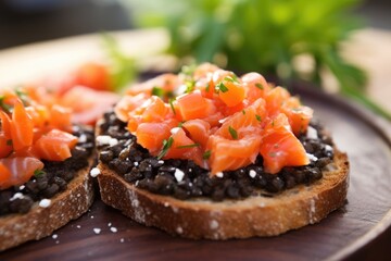 soft-focus on the shiny black caviar atop some bruschetta