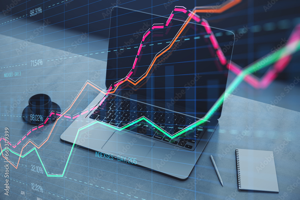 Poster close up of laptop on desk with coffee cup, notepad and creative business graph with index and grid 