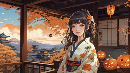 A young Japanese girl wearing kimono celebrating Halloween in a cozy house. Vector art. Traditional Japanese style. Generative AI.