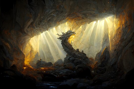 dragon in cave dungeon Sunlight shines through the rock channel above concept characterwhirling black fire white mist radiating power god rays 8k 